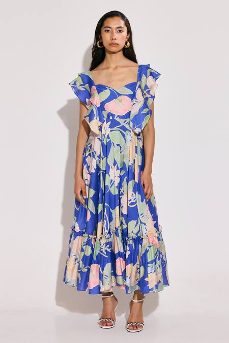 Twinkle Hanspal_Blue Chanderi Sweetheart Neck Floral Print Maxi Dress _Online_at_Aza_Fashions