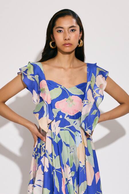Buy_Twinkle Hanspal_Blue Chanderi Sweetheart Neck Floral Print Maxi Dress _Online_at_Aza_Fashions