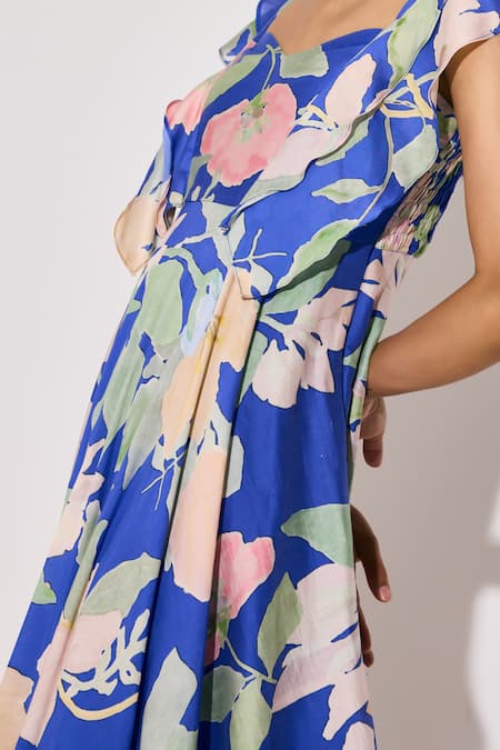 Shop_Twinkle Hanspal_Blue Chanderi Sweetheart Neck Floral Print Maxi Dress _Online_at_Aza_Fashions