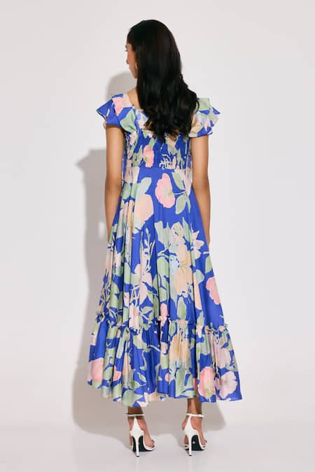 Shop_Twinkle Hanspal_Blue Chanderi Sweetheart Neck Floral Print Maxi Dress _at_Aza_Fashions