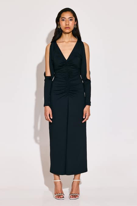 Twinkle Hanspal_Black Jersey V-neck Cold Shoulder Gathered Midi Dress _Online_at_Aza_Fashions