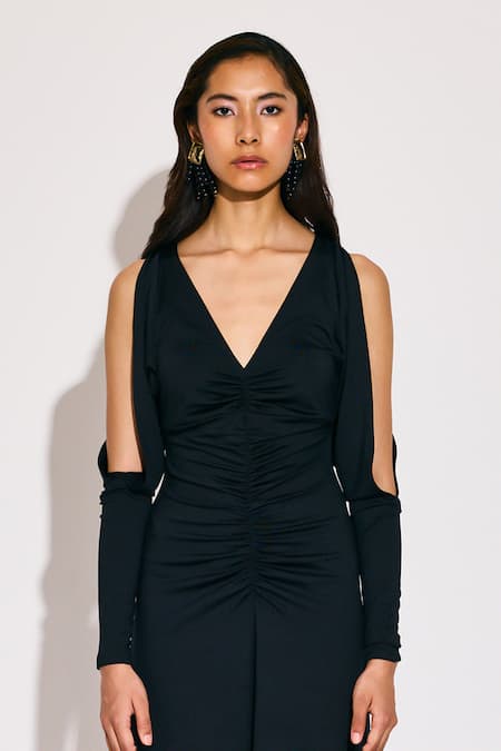 Buy_Twinkle Hanspal_Black Jersey V-neck Cold Shoulder Gathered Midi Dress _Online_at_Aza_Fashions
