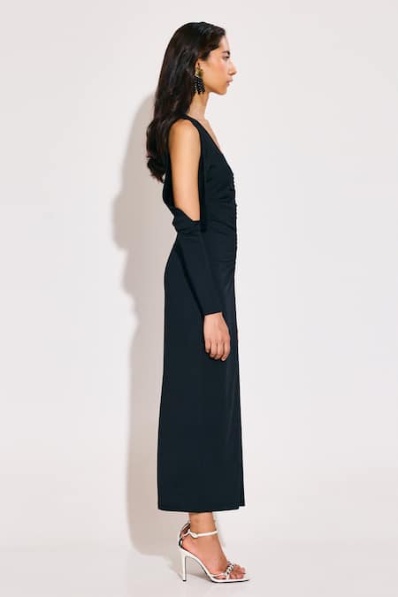 Shop_Twinkle Hanspal_Black Jersey V-neck Cold Shoulder Gathered Midi Dress _Online_at_Aza_Fashions