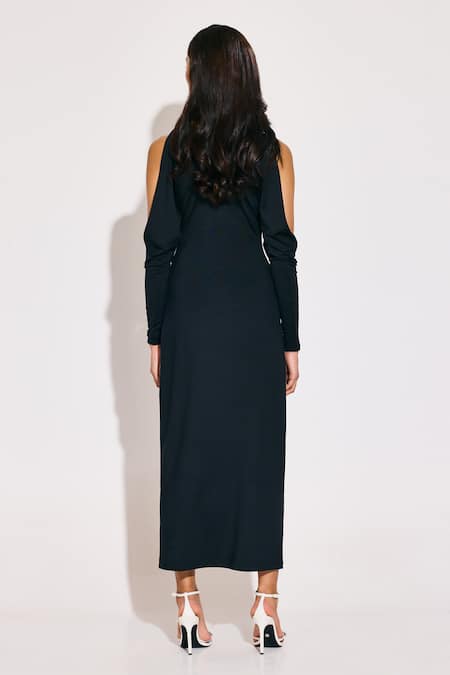 Shop_Twinkle Hanspal_Black Jersey V-neck Cold Shoulder Gathered Midi Dress _at_Aza_Fashions