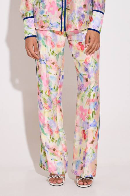 Twinkle Hanspal Multi Color Chanderi Collared Floral Print Shirt And Pant Set Online at Aza Fashions Twinkle Hanspal_Multi Color Chanderi Collared Floral Print Shirt And Pant Set_Online_at_Aza_Fashions