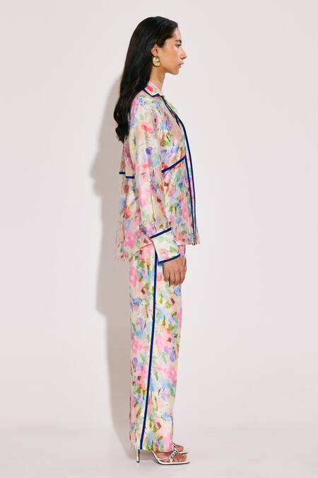 Buy Twinkle Hanspal Multi Color Chanderi Collared Floral Print Shirt And Pant Set Online at Aza Fashions Buy_Twinkle Hanspal_Multi Color Chanderi Collared Floral Print Shirt And Pant Set_Online_at_Aza_Fashions