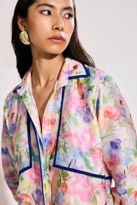 Shop Twinkle Hanspal Multi Color Chanderi Collared Floral Print Shirt And Pant Set Online at Aza Fashions Shop_Twinkle Hanspal_Multi Color Chanderi Collared Floral Print Shirt And Pant Set_Online_at_Aza_Fashions