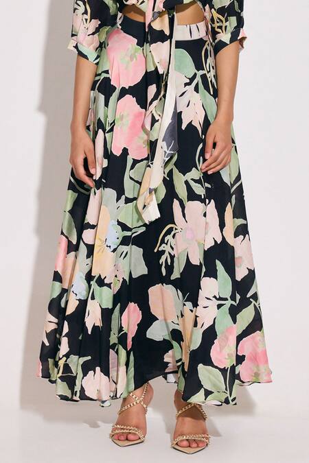 Twinkle Hanspal_Black Chanderi Collared Floral Print Shirt And Skirt Set_Online_at_Aza_Fashions