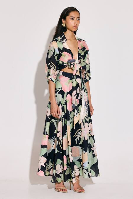 Buy_Twinkle Hanspal_Black Chanderi Collared Floral Print Shirt And Skirt Set_Online_at_Aza_Fashions