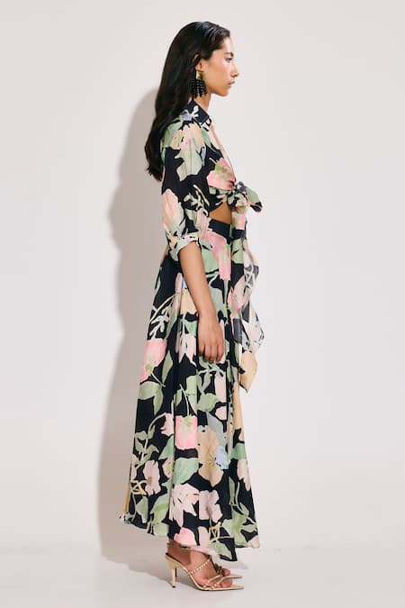 Shop_Twinkle Hanspal_Black Chanderi Collared Floral Print Shirt And Skirt Set_Online_at_Aza_Fashions