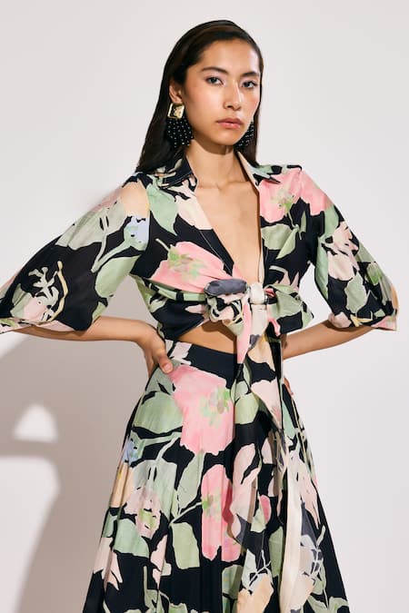 Twinkle Hanspal_Black Chanderi Collared Floral Print Shirt And Skirt Set_at_Aza_Fashions