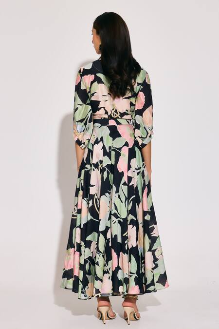 Shop_Twinkle Hanspal_Black Chanderi Collared Floral Print Shirt And Skirt Set_at_Aza_Fashions