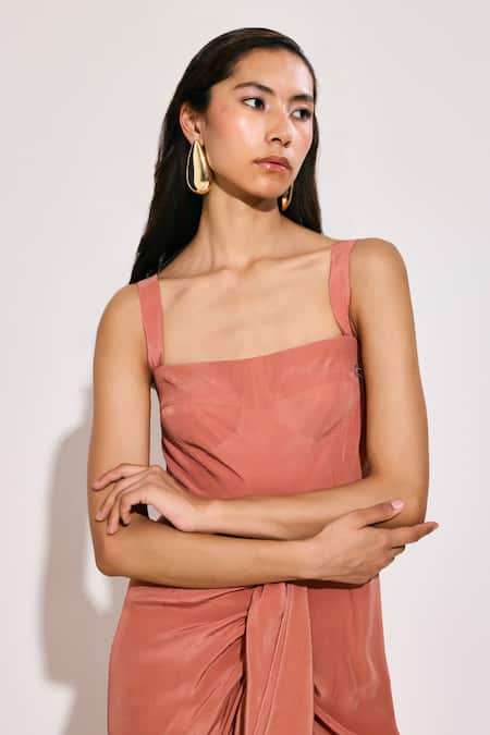 Twinkle Hanspal_Peach Crepe Square Neck Draped Maxi Dress _Online_at_Aza_Fashions