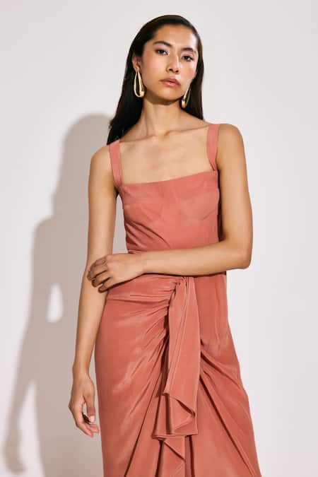 Buy_Twinkle Hanspal_Peach Crepe Square Neck Draped Maxi Dress _Online_at_Aza_Fashions