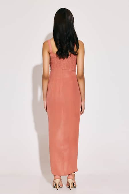 Shop_Twinkle Hanspal_Peach Crepe Square Neck Draped Maxi Dress _at_Aza_Fashions