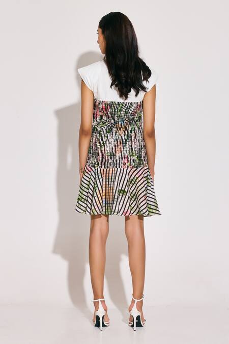 Shop_Twinkle Hanspal_White Chanderi, Poplin V-neck Ruched Designer Dress With Basket Print _at_Aza_Fashions