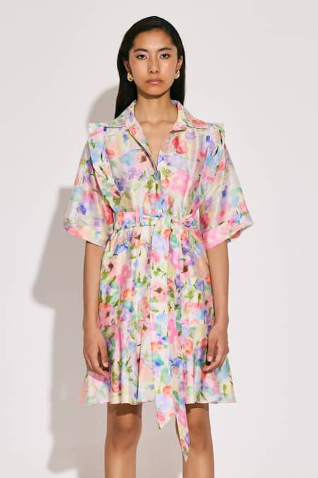 Twinkle Hanspal_Multi Color Chanderi Collared Floral Print Dress _Online_at_Aza_Fashions