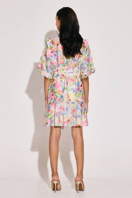 Shop_Twinkle Hanspal_Multi Color Chanderi Collared Floral Print Dress _at_Aza_Fashions