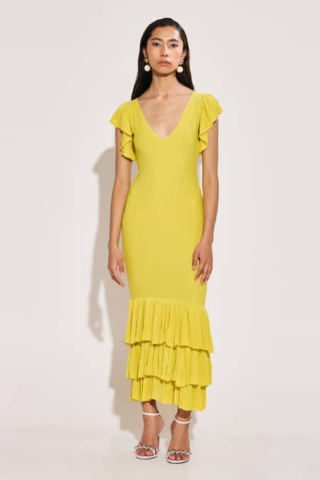 Twinkle Hanspal_Yellow Cotton Ruffles V-neck Frilled Hem Dress _Online_at_Aza_Fashions