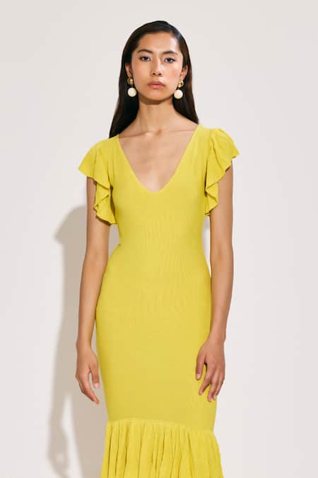 Buy_Twinkle Hanspal_Yellow Cotton Ruffles V-neck Frilled Hem Dress _Online_at_Aza_Fashions