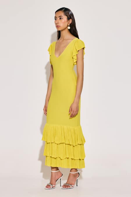 Shop_Twinkle Hanspal_Yellow Cotton Ruffles V-neck Frilled Hem Dress _Online_at_Aza_Fashions