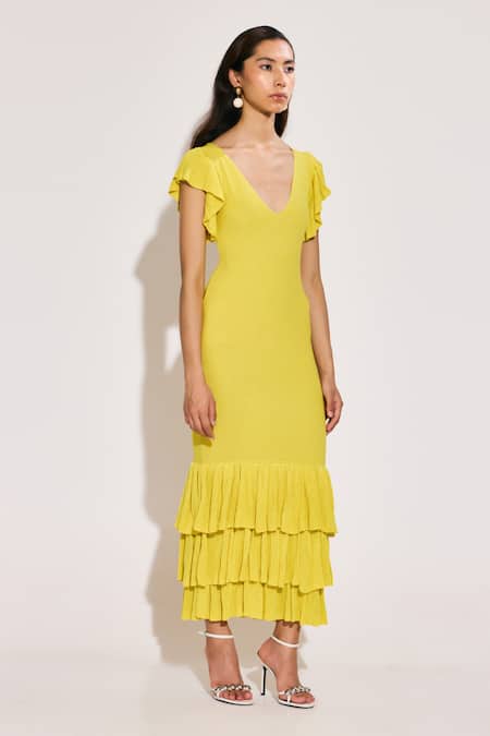 Twinkle Hanspal_Yellow Cotton Ruffles V-neck Frilled Hem Dress _at_Aza_Fashions
