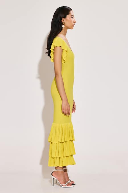 Buy_Twinkle Hanspal_Yellow Cotton Ruffles V-neck Frilled Hem Dress 