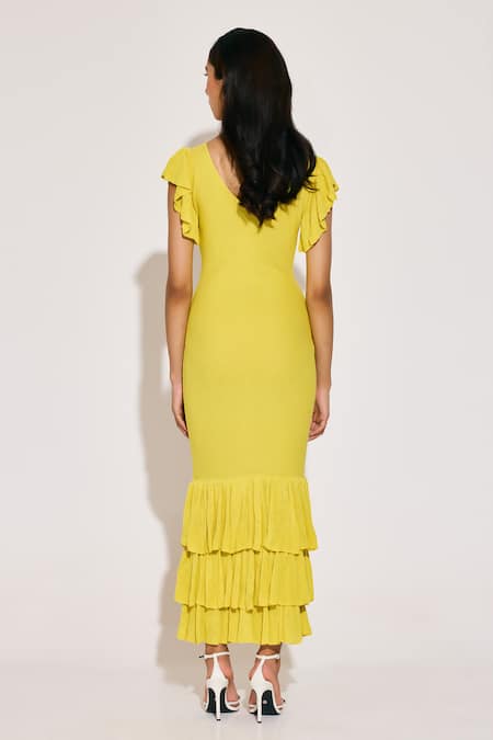 Shop_Twinkle Hanspal_Yellow Cotton Ruffles V-neck Frilled Hem Dress _at_Aza_Fashions