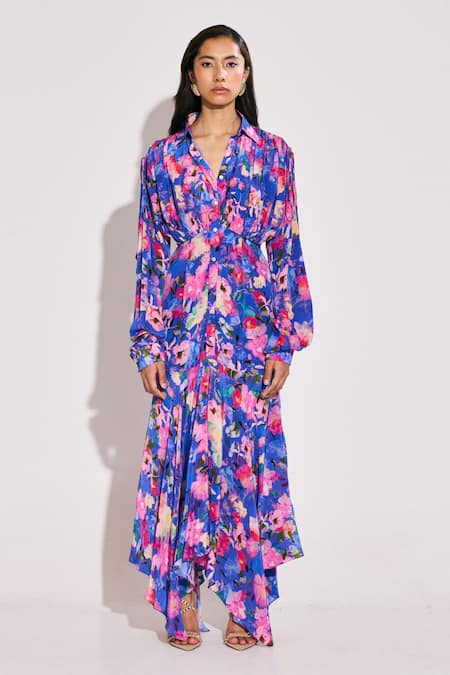 Twinkle Hanspal_Blue Crepe Collared Asymmetric Hem Floral Print Maxi Dress _Online_at_Aza_Fashions