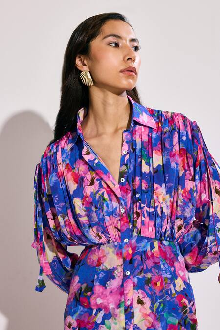 Buy_Twinkle Hanspal_Blue Crepe Collared Asymmetric Hem Floral Print Maxi Dress _Online_at_Aza_Fashions