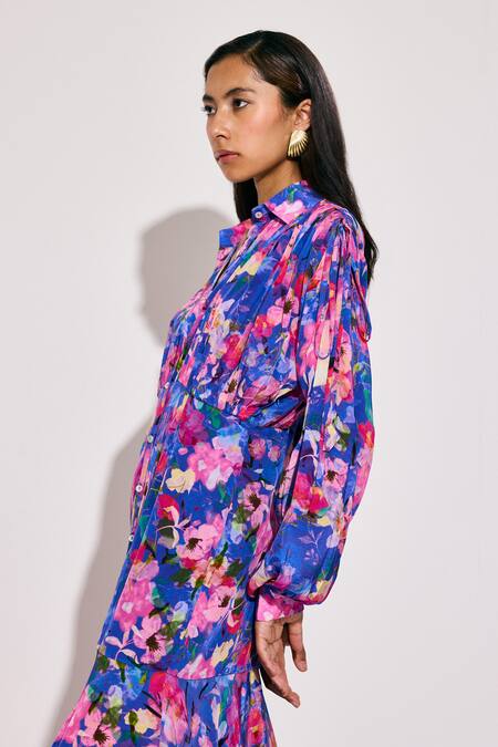 Shop_Twinkle Hanspal_Blue Crepe Collared Asymmetric Hem Floral Print Maxi Dress _Online_at_Aza_Fashions