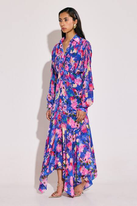 Shop_Twinkle Hanspal_Blue Crepe Collared Asymmetric Hem Floral Print Maxi Dress _at_Aza_Fashions