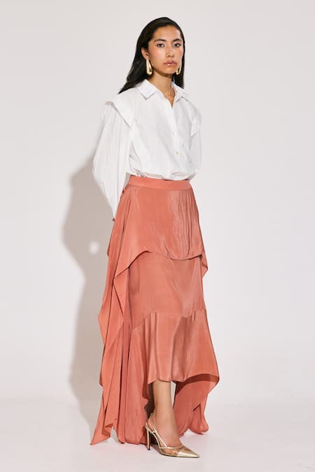 Buy Twinkle Hanspal White Crepe, Poplin Collared Boxy Panelled Shirt And Asymmetric Skirt Set Online at Aza Fashions Buy_Twinkle Hanspal_White Crepe, Poplin Collared Boxy Panelled Shirt And Asymmetric Skirt Set_Online_at_Aza_Fashions