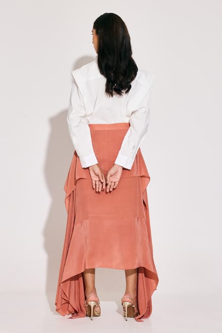 Shop Twinkle Hanspal White Crepe, Poplin Collared Boxy Panelled Shirt And Asymmetric Skirt Set at Aza Fashions Shop_Twinkle Hanspal_White Crepe, Poplin Collared Boxy Panelled Shirt And Asymmetric Skirt Set_at_Aza_Fashions