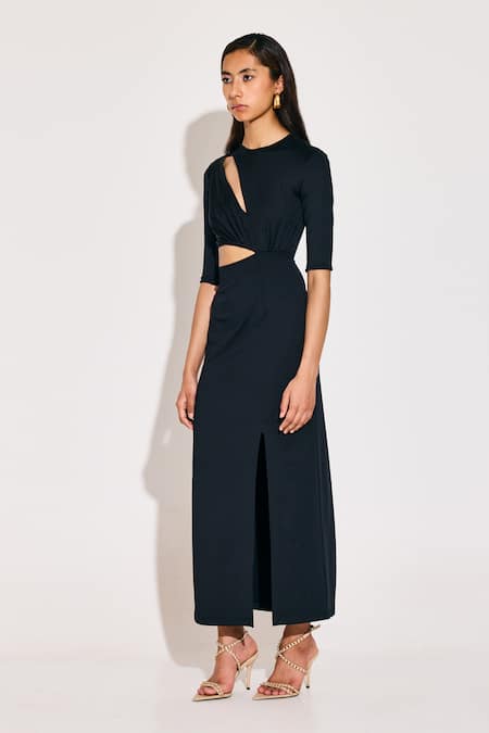 Buy_Twinkle Hanspal_Black Jersey Round Neck Asymmetric Cut-out Maxi Dress _Online_at_Aza_Fashions