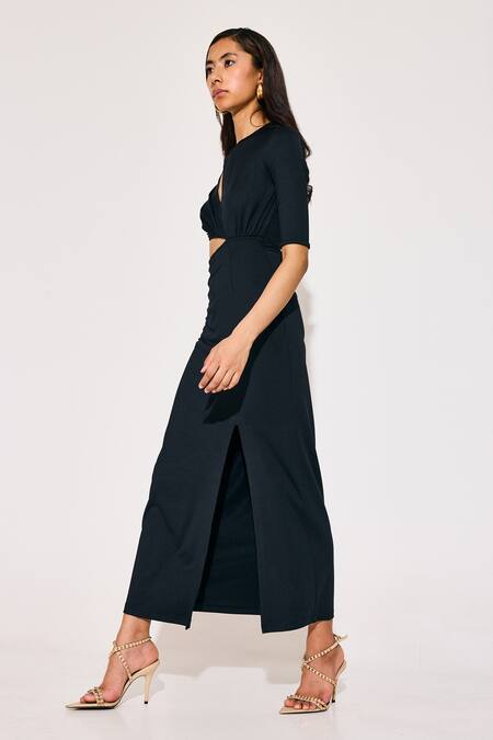 Shop_Twinkle Hanspal_Black Jersey Round Neck Asymmetric Cut-out Maxi Dress _Online_at_Aza_Fashions