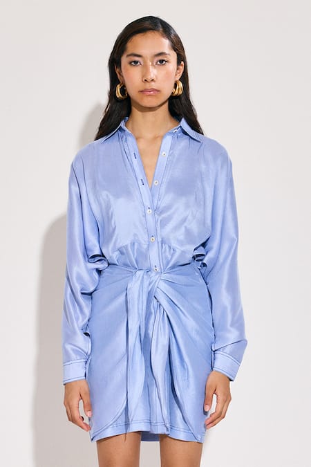 Twinkle Hanspal_Blue Silk Collared Ice Draped Dress _Online_at_Aza_Fashions