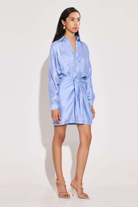 Buy_Twinkle Hanspal_Blue Silk Collared Ice Draped Dress _Online_at_Aza_Fashions