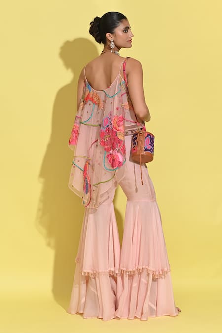 Rishi and Vibhuti Fringe Applique & Bloom Patchwork Top With Sharara 