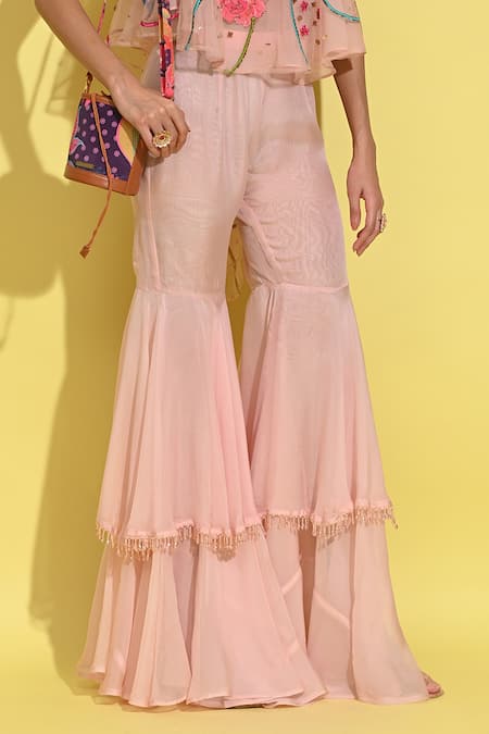 Rishi and Vibhuti_Pink Organza, Crepe Embroidery, Applique And Bloom Patchwork Top With Sharara _Online_at_Aza_Fashions