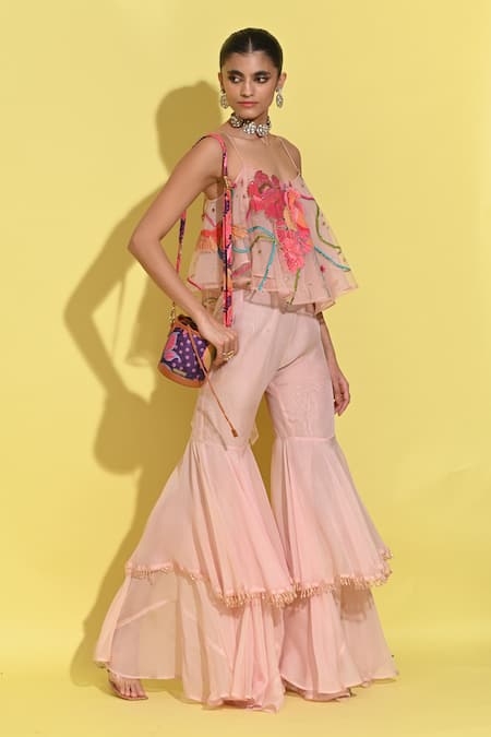 Buy_Rishi and Vibhuti_Pink Organza, Crepe Embroidery, Applique And Bloom Patchwork Top With Sharara _Online_at_Aza_Fashions