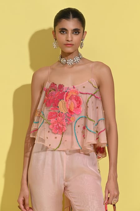Shop_Rishi and Vibhuti_Pink Organza, Crepe Embroidery, Applique And Bloom Patchwork Top With Sharara _Online_at_Aza_Fashions