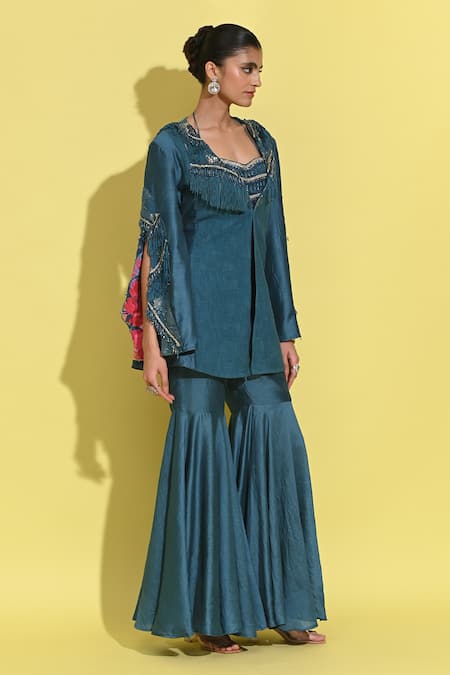 Rishi and Vibhuti_Blue Crepe, Linen Fringe, Crystals Halter Neck And Tassel Embellished Set_Online_at_Aza_Fashions