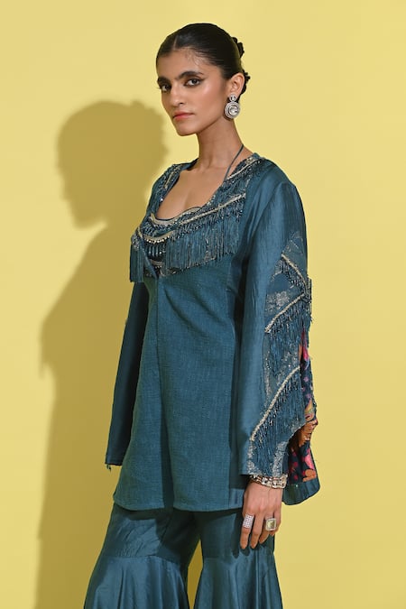 Buy_Rishi and Vibhuti_Blue Crepe, Linen Fringe, Crystals Halter Neck And Tassel Embellished Set_Online_at_Aza_Fashions