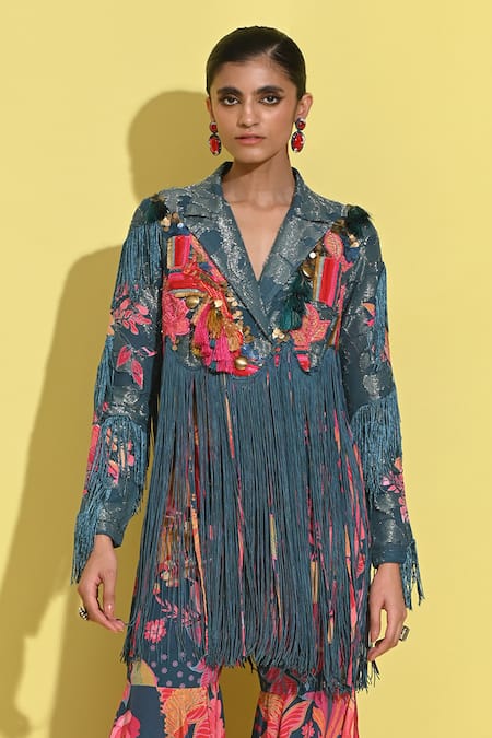 Rishi and Vibhuti_Blue Crepe, Jacquard Sequins, Embroidery Jacket And Floral Print Sharara Set _Online_at_Aza_Fashions