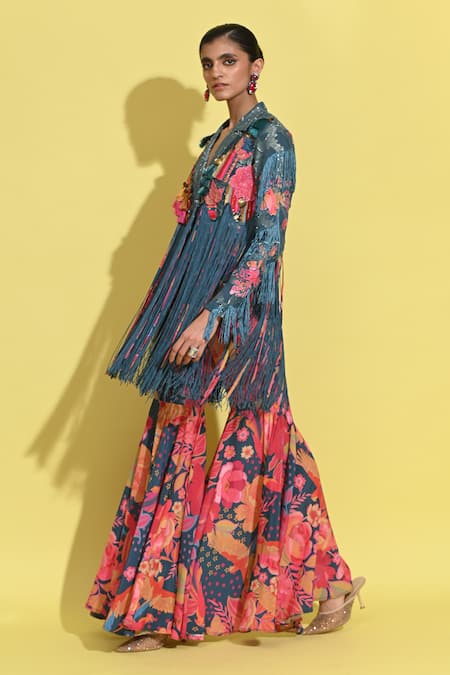 Buy_Rishi and Vibhuti_Blue Crepe, Jacquard Sequins, Embroidery Jacket And Floral Print Sharara Set _Online_at_Aza_Fashions