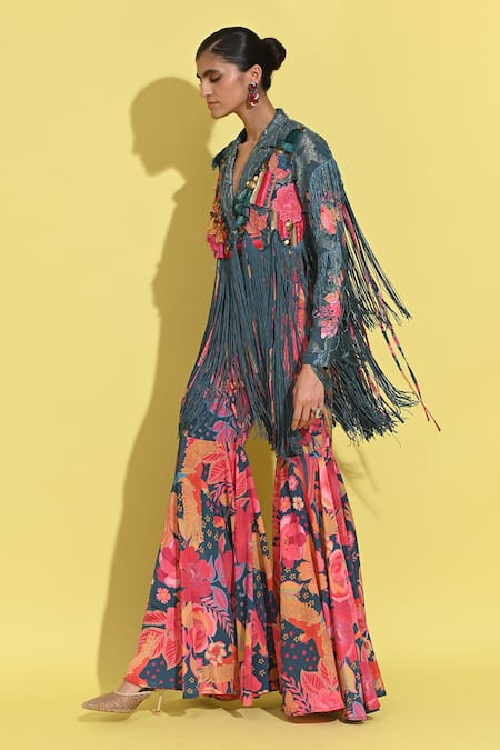 Shop_Rishi and Vibhuti_Blue Crepe, Jacquard Sequins, Embroidery Jacket And Floral Print Sharara Set _Online_at_Aza_Fashions