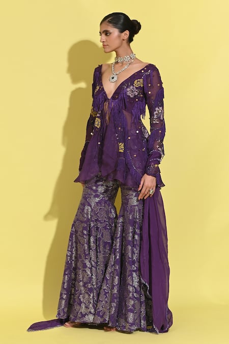 Rishi and Vibhuti_Purple Organza, Georgette Sequins, Embroidery V-neck Bloom Patchwork Jacket Set _Online_at_Aza_Fashions