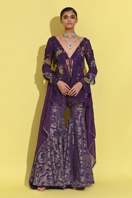Buy_Rishi and Vibhuti_Purple Organza, Georgette Sequins, Embroidery V-neck Bloom Patchwork Jacket Set _Online_at_Aza_Fashions