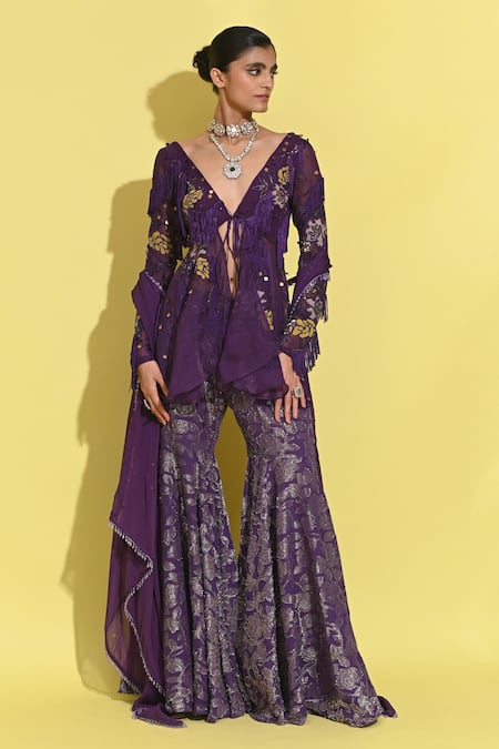 Shop_Rishi and Vibhuti_Purple Organza, Georgette Sequins, Embroidery V-neck Bloom Patchwork Jacket Set _Online_at_Aza_Fashions